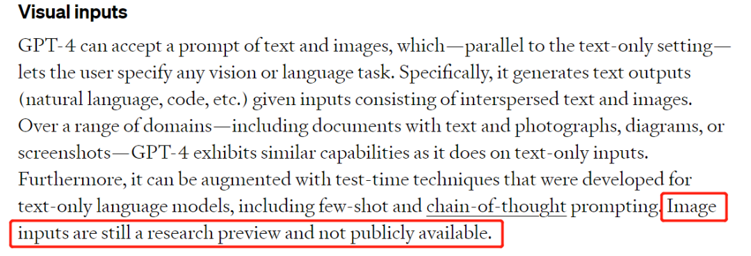 GPT-4 的图片输入功能暂时不对公众开放，也没有说啥时候可以用上.png