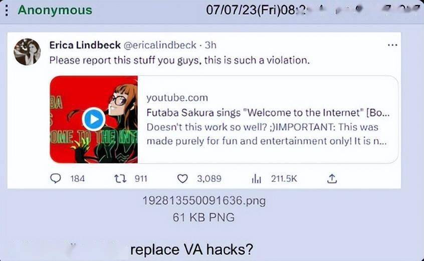 P5中佐仓双叶的英配演员Erica Lindbeck发现了Youtube上有人利用了自己在P5中的配音翻唱了其他歌曲.jpeg