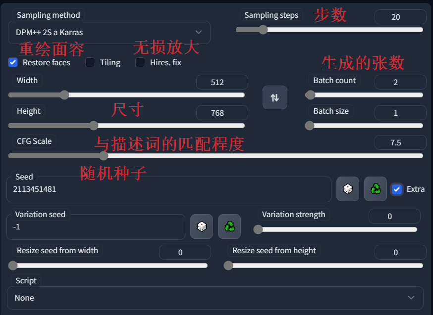 大致能用上的几个功能放这里，比如步数能让图片更精致，与提示词匹配程度能让 AI 更听话，随机种子是当前图片的唯一标识等等.png