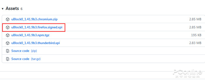 选择一个版本，点开“Assets”，可以看到有对应Firefox的版本，其后缀名为.xpi，点击即可直接安装.jpg
