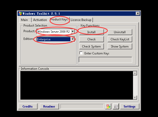 选择produnc keys 页面，并选择操作系统类型，版本，再点击install.png