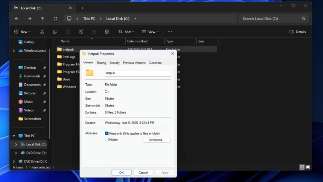 在没有使用 IIS 托管网站的情况下，系统自动创建的这个“inetpub”文件夹是空的